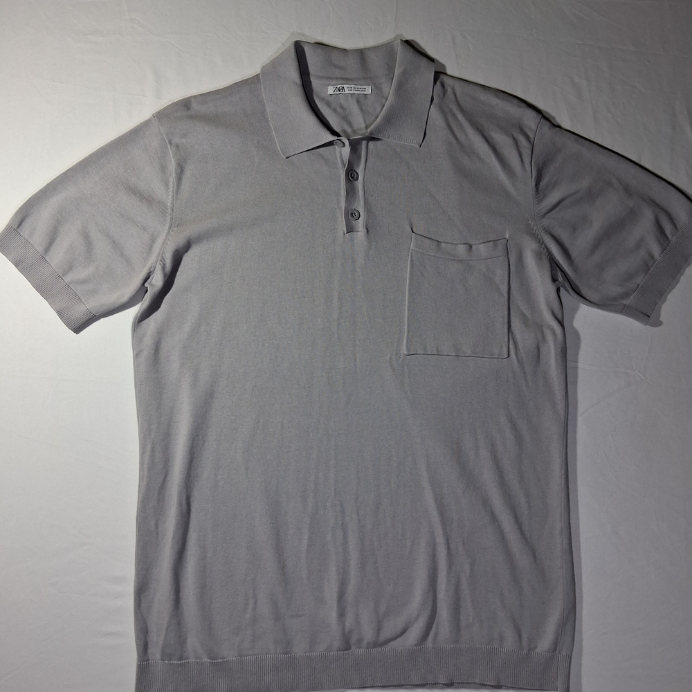 Zara Man Size Medium (FITS SLIM) Light Gray Polo Shirt Short Sleeve Knit Casual